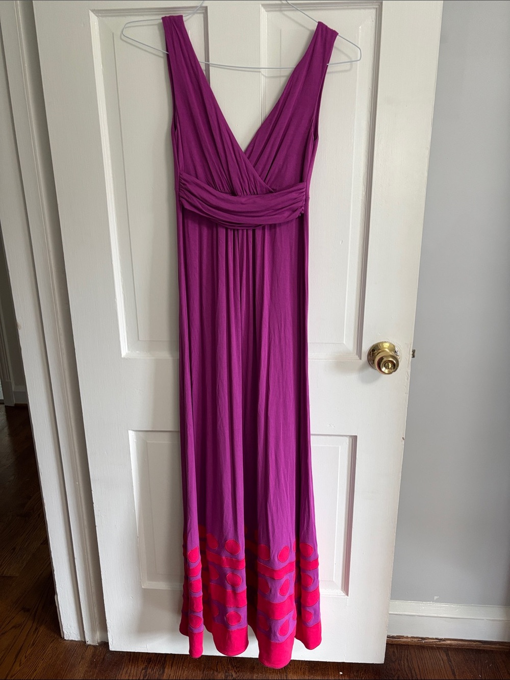 Boden Fuchsia Sleeveless V-Neck Maxi Dress with Patterned Hem